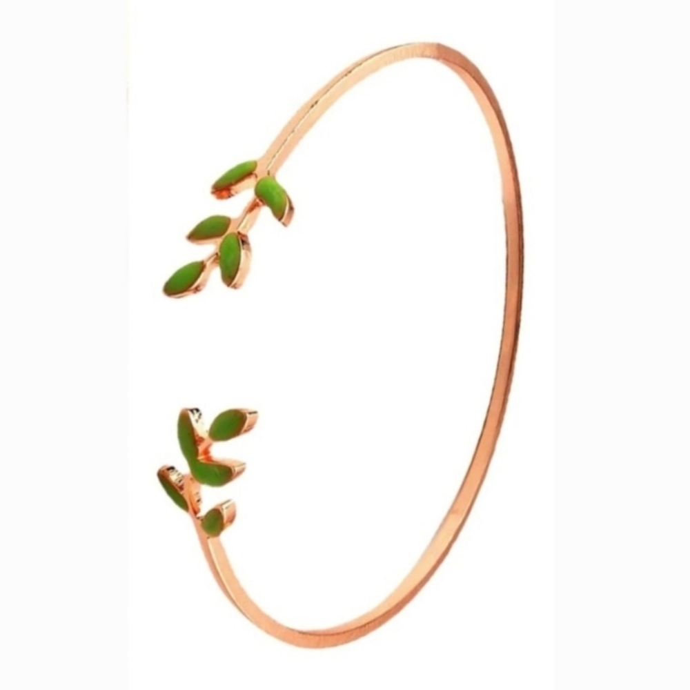 Rose Gold Green Enameled Leaf Cuff Bangle Bracelet Dainty